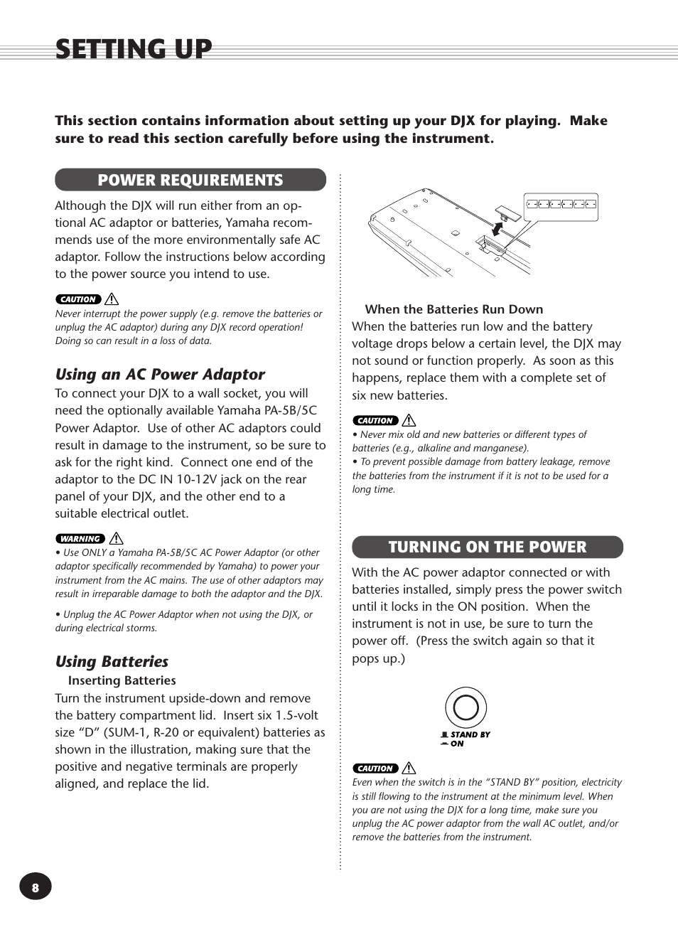 Setting up, Power requirements, Turning on the power | Power requirements turning on the power, Using an ac power adaptor, Using batteries | Yamaha DJX User Manual | Page 8 / 120