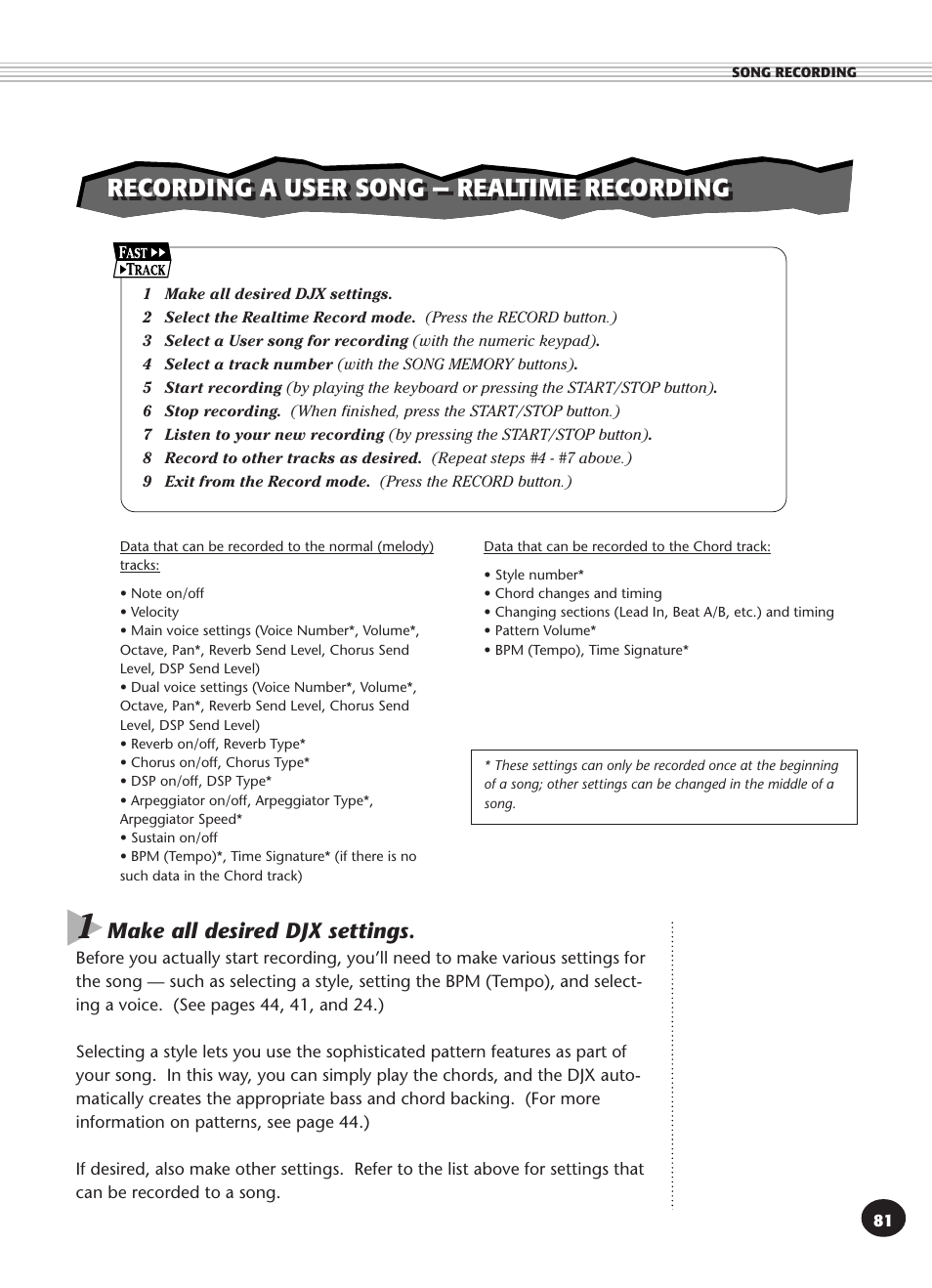 Recording a user song — realtime recording, Make all desired djx settings | Yamaha DJX User Manual | Page 81 / 120
