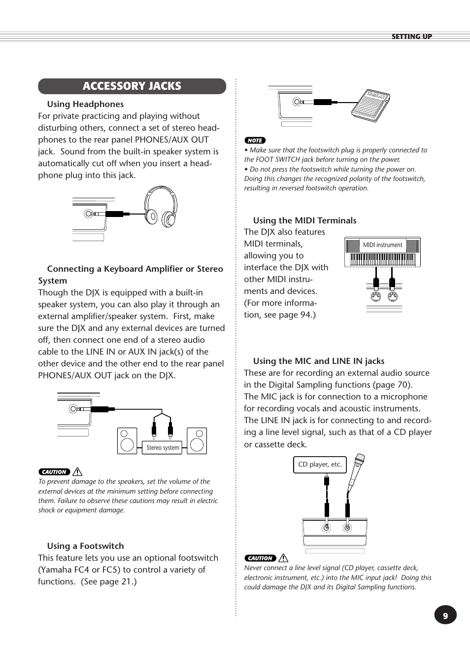 Accessory jacks, Using the midi terminals | Yamaha DJX User Manual | Page 9 / 120
