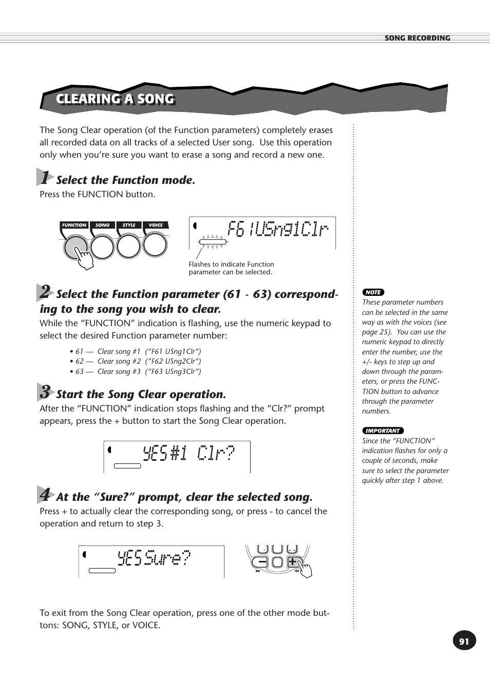 Clearing a song, Usng1clr, 1 1 clr | Sure | Yamaha DJX User Manual | Page 91 / 120