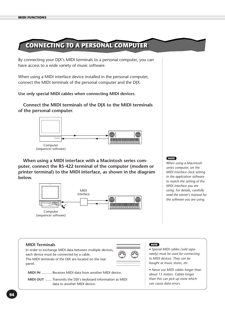 Connecting to a personal computer, Midi terminals | Yamaha DJX User Manual | Page 94 / 120