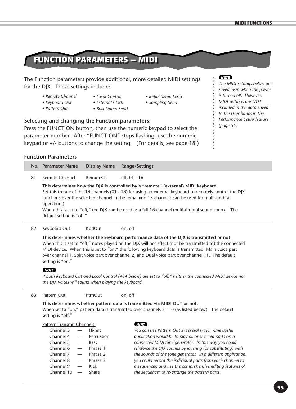 Function parameters — midi | Yamaha DJX User Manual | Page 95 / 120