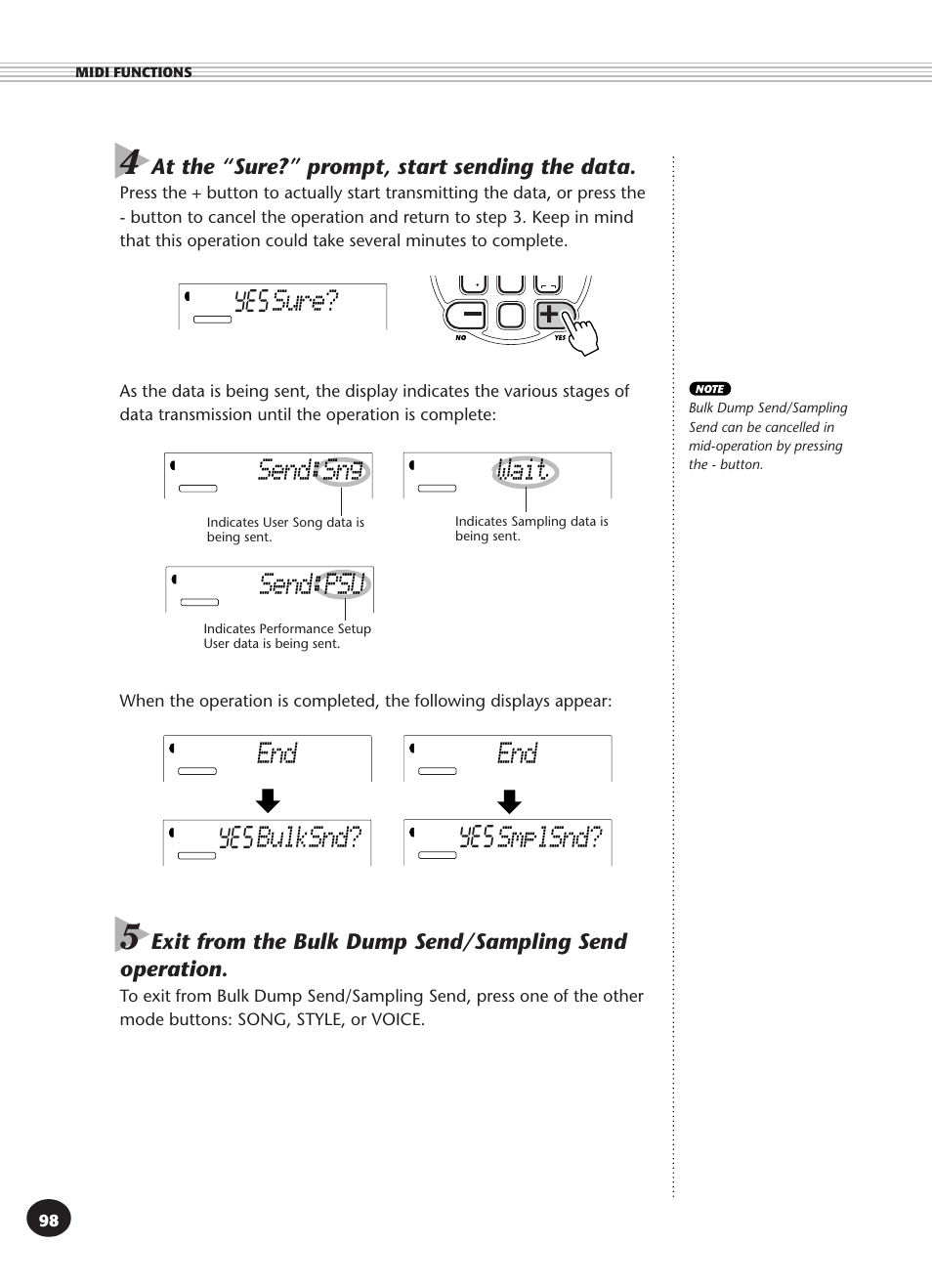 Sure, Send:sng, Send:psu | Wait, Bulksnd, Smplsnd, At the “sure?” prompt, start sending the data | Yamaha DJX User Manual | Page 98 / 120