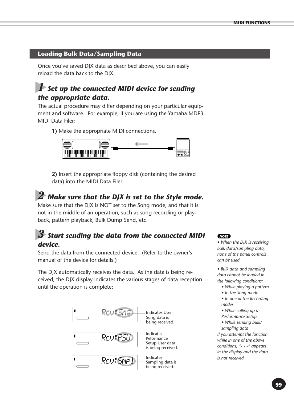 Loading bulk data/sampling data, Rcv:psu f00, Rcv:smpl f00 | Rcv:sng, Make sure that the djx is set to the style mode | Yamaha DJX User Manual | Page 99 / 120