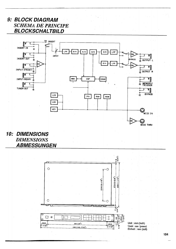 Schema de principe, Dimensions, Block diagram | Blockschaltbild 10: dimensions, Abmessungen | Yamaha SPX50D User Manual | Page 102 / 105