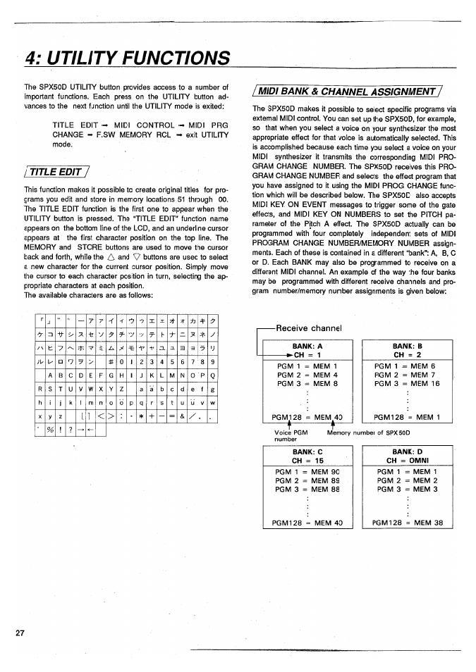 Utility functions, Title edit, Midi bank & channel assignmet | Midi bank & channel assignment | Yamaha SPX50D User Manual | Page 26 / 105