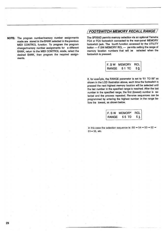 Footswitch memory recall range | Yamaha SPX50D User Manual | Page 28 / 105