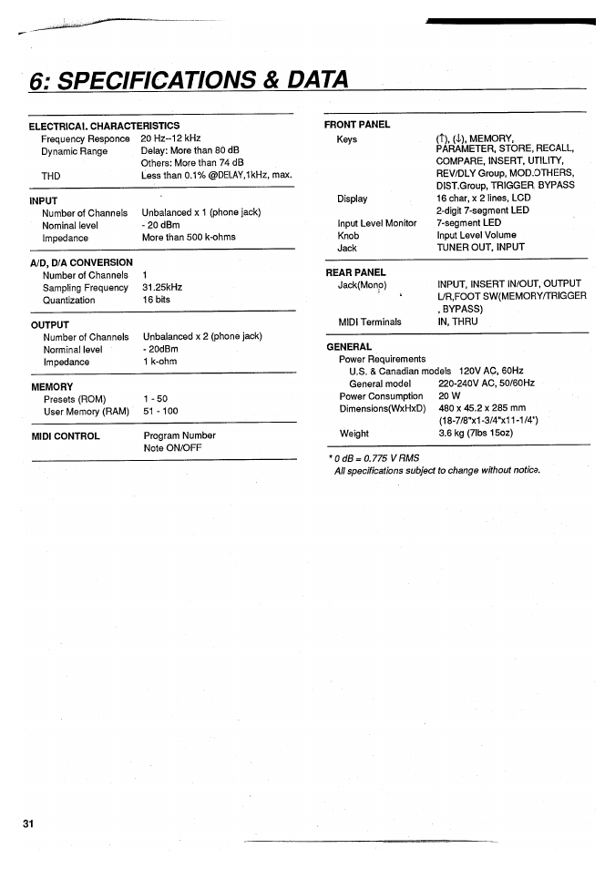 Specifications & data | Yamaha SPX50D User Manual | Page 30 / 105