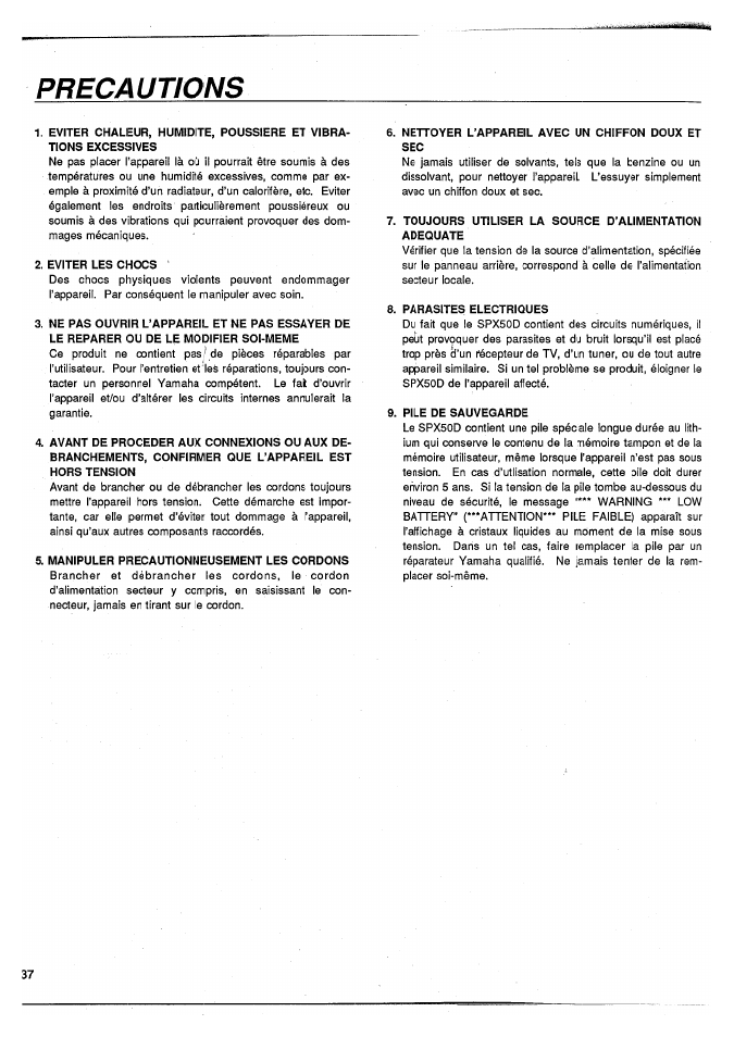 Precautions, Eviter les chocs, Manipuler precautionneusement les cordons | Nettoyer l’appareil avec un chiffon doux et sec, Parasites electriques, Pile de sauvegarde | Yamaha SPX50D User Manual | Page 35 / 105