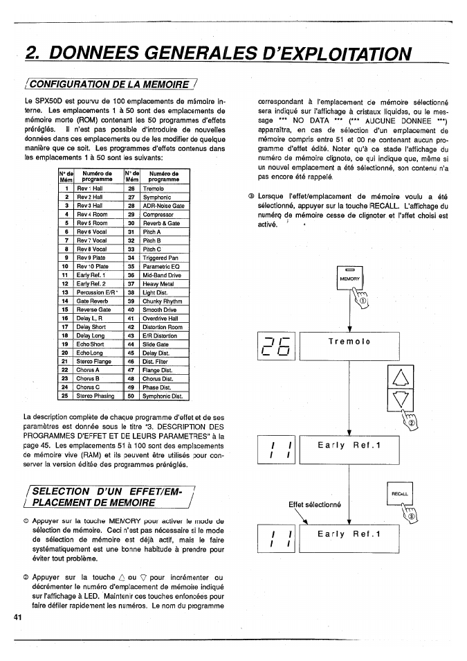 Donnees generales d’exploitation, Configuration de la mem0ire7, Selection d’un effet/em- l^laçemb | Configuration de la memoire | Yamaha SPX50D User Manual | Page 39 / 105