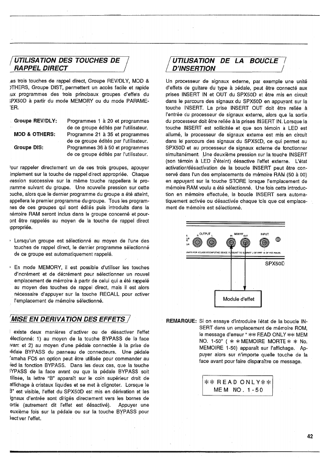 Utilisation des touches de ^rappeldirecti, Ijiise en derivation des effets, Mise en derivation des effets | Yamaha SPX50D User Manual | Page 40 / 105