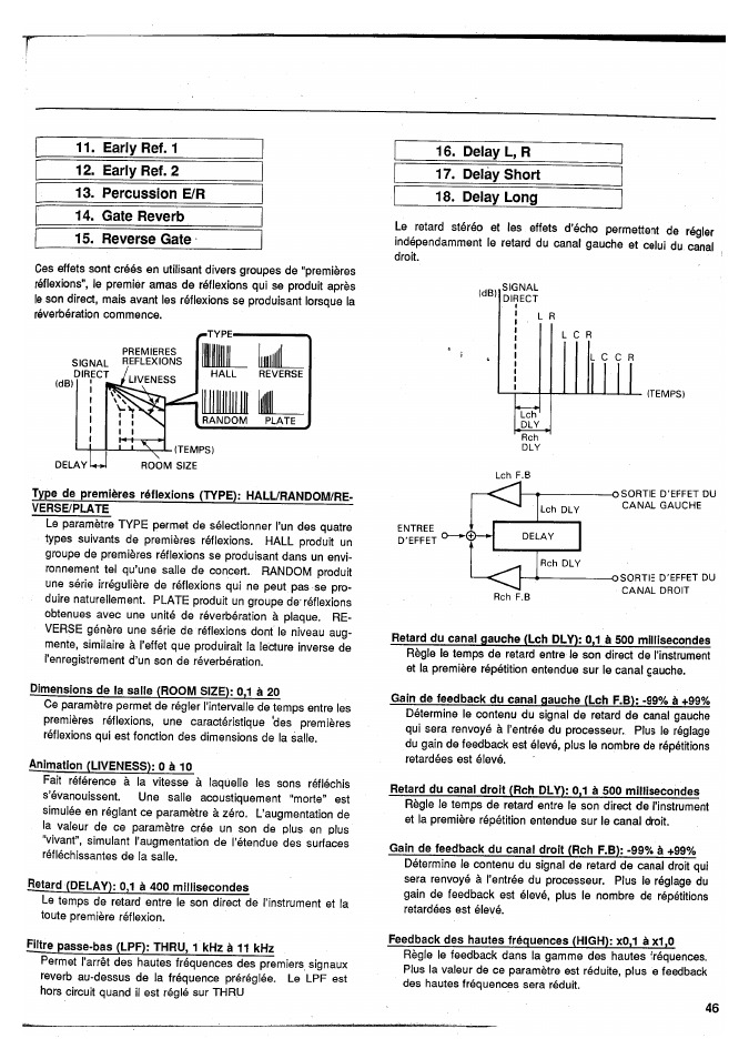 Delay l, r, Delay short, Delay long | Delay l, r 17. delay short 18. delay long | Yamaha SPX50D User Manual | Page 44 / 105