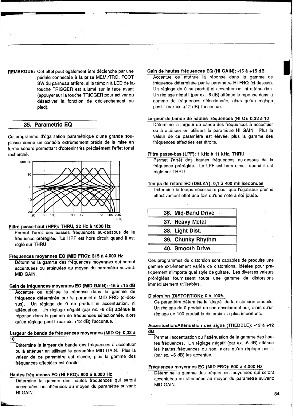 Parametric eq, Mid-band drive, Heavy melai | Light disi, Chunky rhythm, Smooth drive, Chunky rythm 40. smooth drive | Yamaha SPX50D User Manual | Page 54 / 105