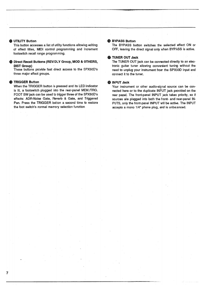 Utility button, Trigger button, Bypass button | Tuner out jack, Input jack | Yamaha SPX50D User Manual | Page 6 / 105