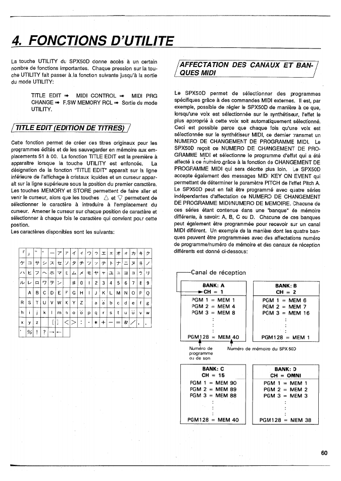 Fonctions d’utilite, Title edit (edition pe titres), Affectation des canaux et banques midi | Canal de réception, Affectation des canaux et ban­ ques midi | Yamaha SPX50D User Manual | Page 60 / 105