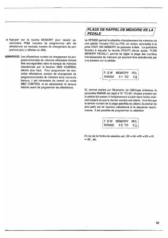 Plage de rappel de memoire de la ipeo | Yamaha SPX50D User Manual | Page 62 / 105