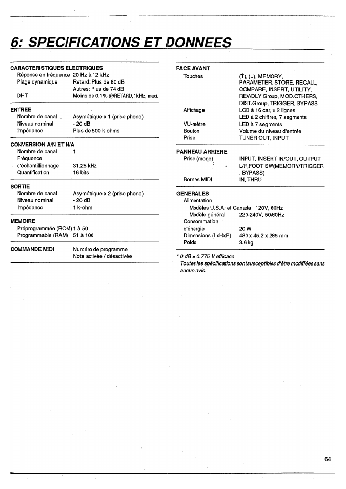 Specifications et donnees | Yamaha SPX50D User Manual | Page 64 / 105