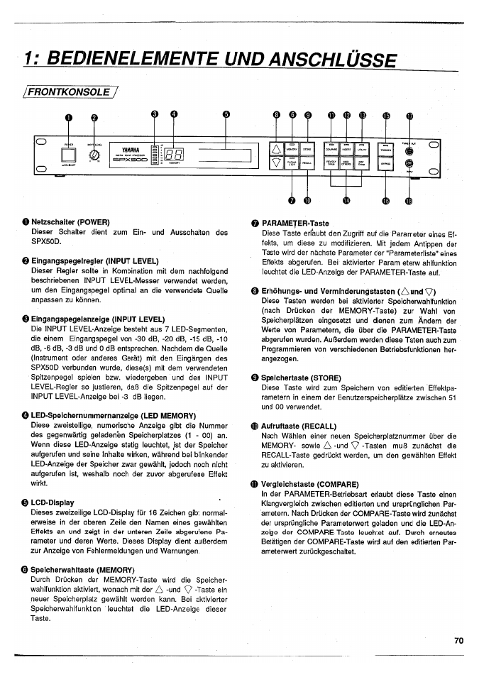 Bedienelemente und anschlüsse, Frontkonsole, Erhöhungs- und verminderungstasten (aund v) | Yamaha SPX50D User Manual | Page 69 / 105