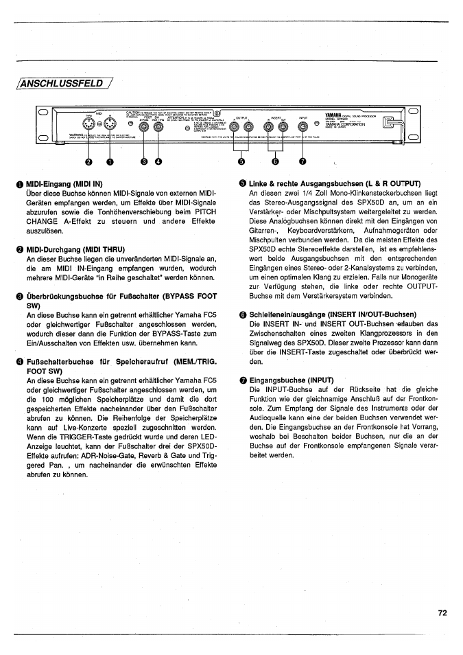 Anschlussfeld, O midi-eingang (midi in), 0 midi-durchgang (midi thru) | 0 linke & rechte ausgangsbuchsen (l & r output), 0 schleifenein/ausgänge (insert in/out-buchsen), 0 eingangsbuchse (input), Anschlussfeld / o | Yamaha SPX50D User Manual | Page 71 / 105