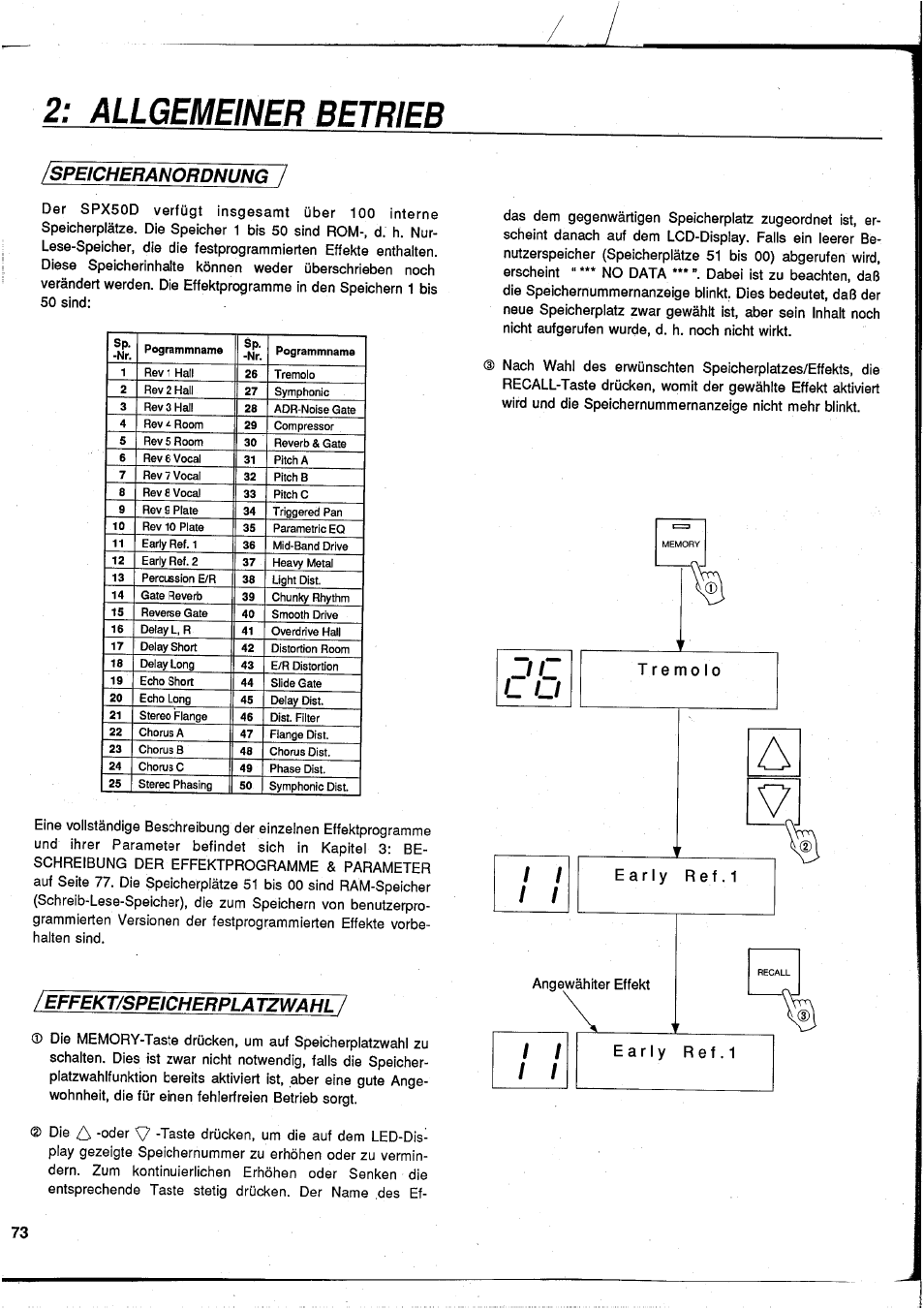 Allgemeiner betrieb, Speicheranordnungi, Speicheranordnung | Yamaha SPX50D User Manual | Page 72 / 105
