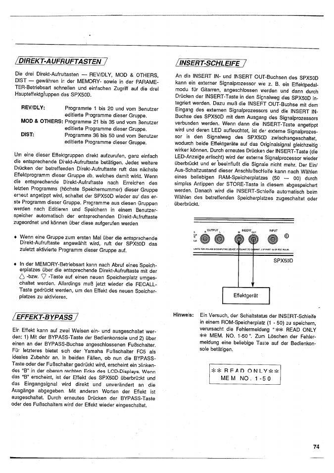 Effekt-b ypass, Effekt-bypass | Yamaha SPX50D User Manual | Page 73 / 105