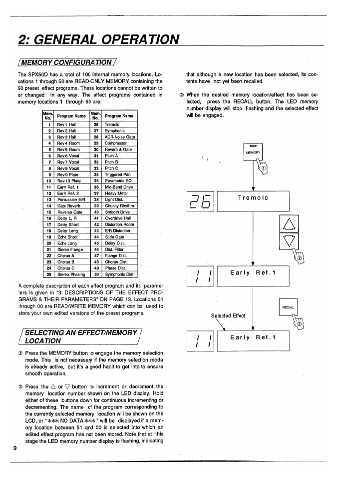 General operation, Memory configuration, Selecting an effect/memory | Yamaha SPX50D User Manual | Page 8 / 105