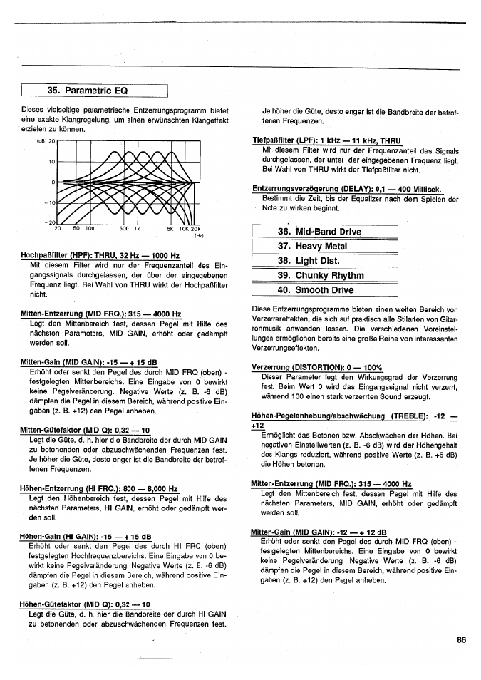 Parametric eq, 1\/lid-^band drive, Heavy metal | Light dist, Chunky rhythm, Smooth drive | Yamaha SPX50D User Manual | Page 85 / 105