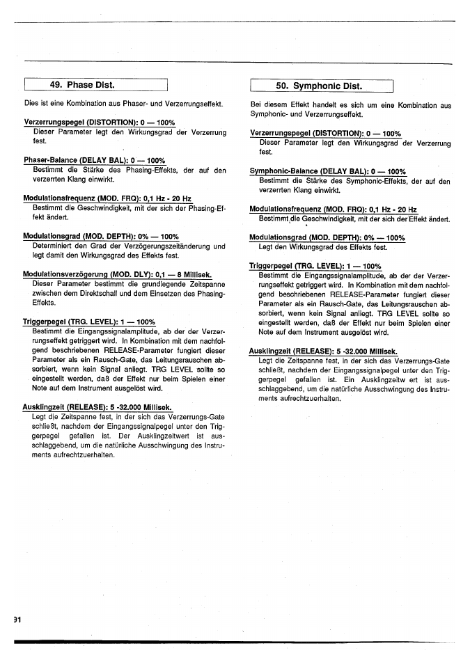Phase dist, Symphonic dist, Verzerrungspegel (distortion): 0 —100 | Phaser-balance (delay bal): 0 —100, Modulalionsfrequenz (mod. frq): 0,1 hz - 20 hz, Modulationsgrad (mod. depth): 0% — 100, Triggerpegel (trg. level): 1 —100, Ausklingzeit (release): 5 -32.000 millisek, Symphonic-balance (delay bal): 0 —100, Modulationsfrequenz (mod. frq): 0,1 hz - 20 hz | Yamaha SPX50D User Manual | Page 90 / 105