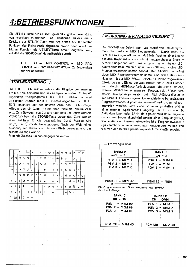 Betriebsfunkti0nen, Titeleditierung, Midi-bank- & kanalzuweisung~7 | Betriebsfunktionen, Midi-bank- & kanalzuweisung | Yamaha SPX50D User Manual | Page 91 / 105
