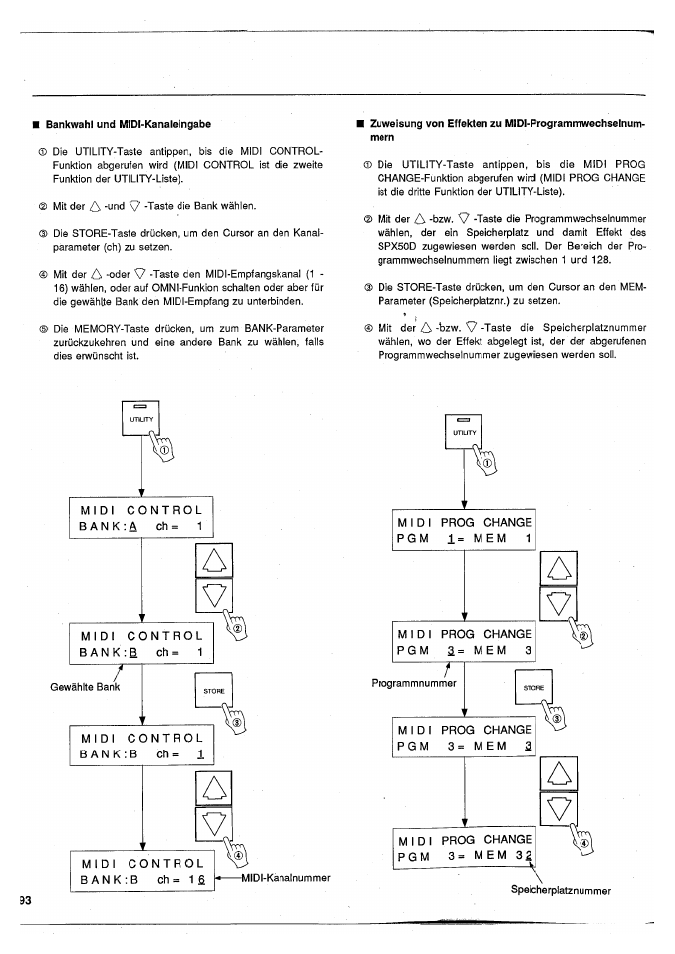I bankwahl und midi-kanaleingabe | Yamaha SPX50D User Manual | Page 92 / 105