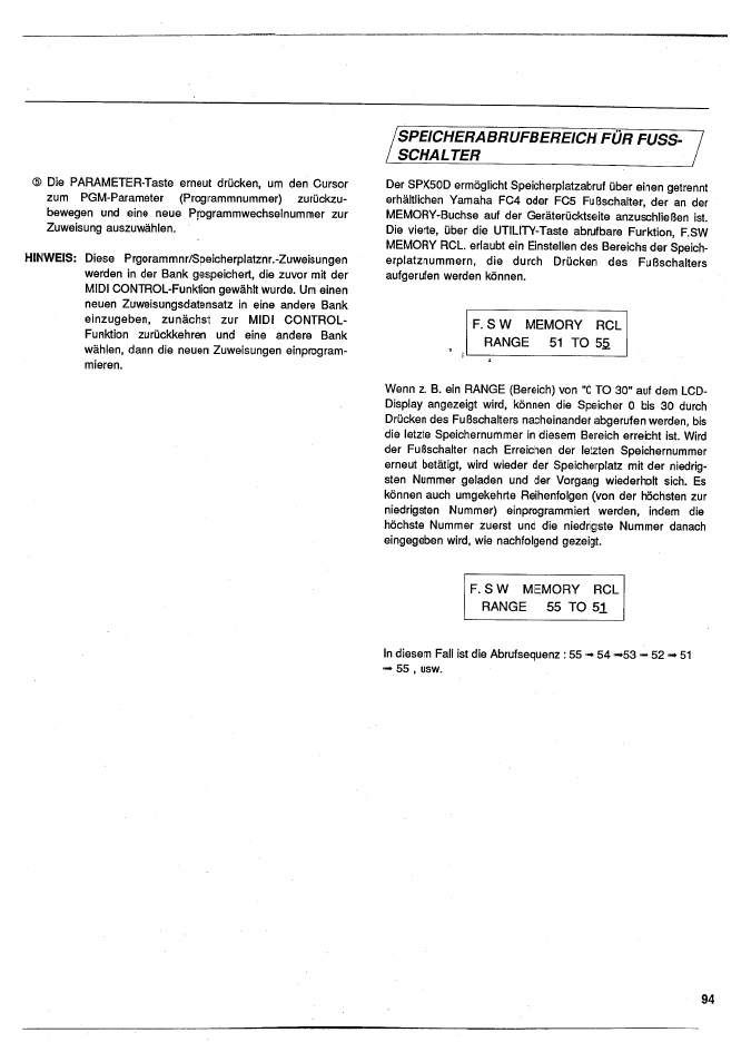 Speicherabrufbereich für fuss- / / schalter, F. s w memory rcl range 55 to 51 | Yamaha SPX50D User Manual | Page 93 / 105