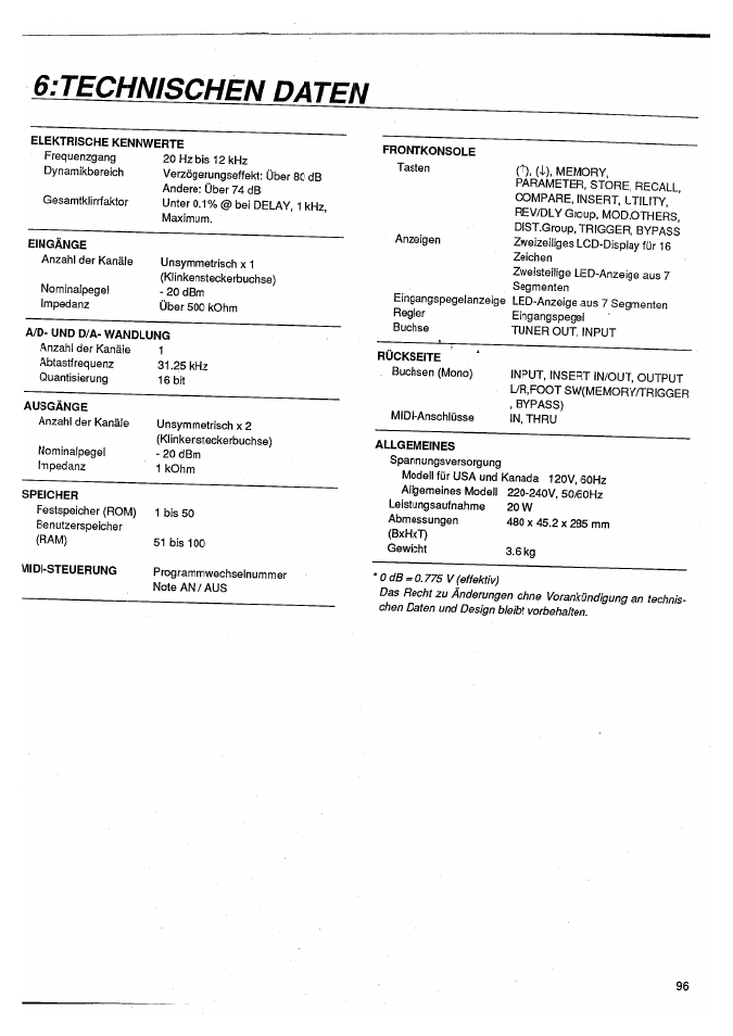 Techníschen daten, Technische daten | Yamaha SPX50D User Manual | Page 95 / 105