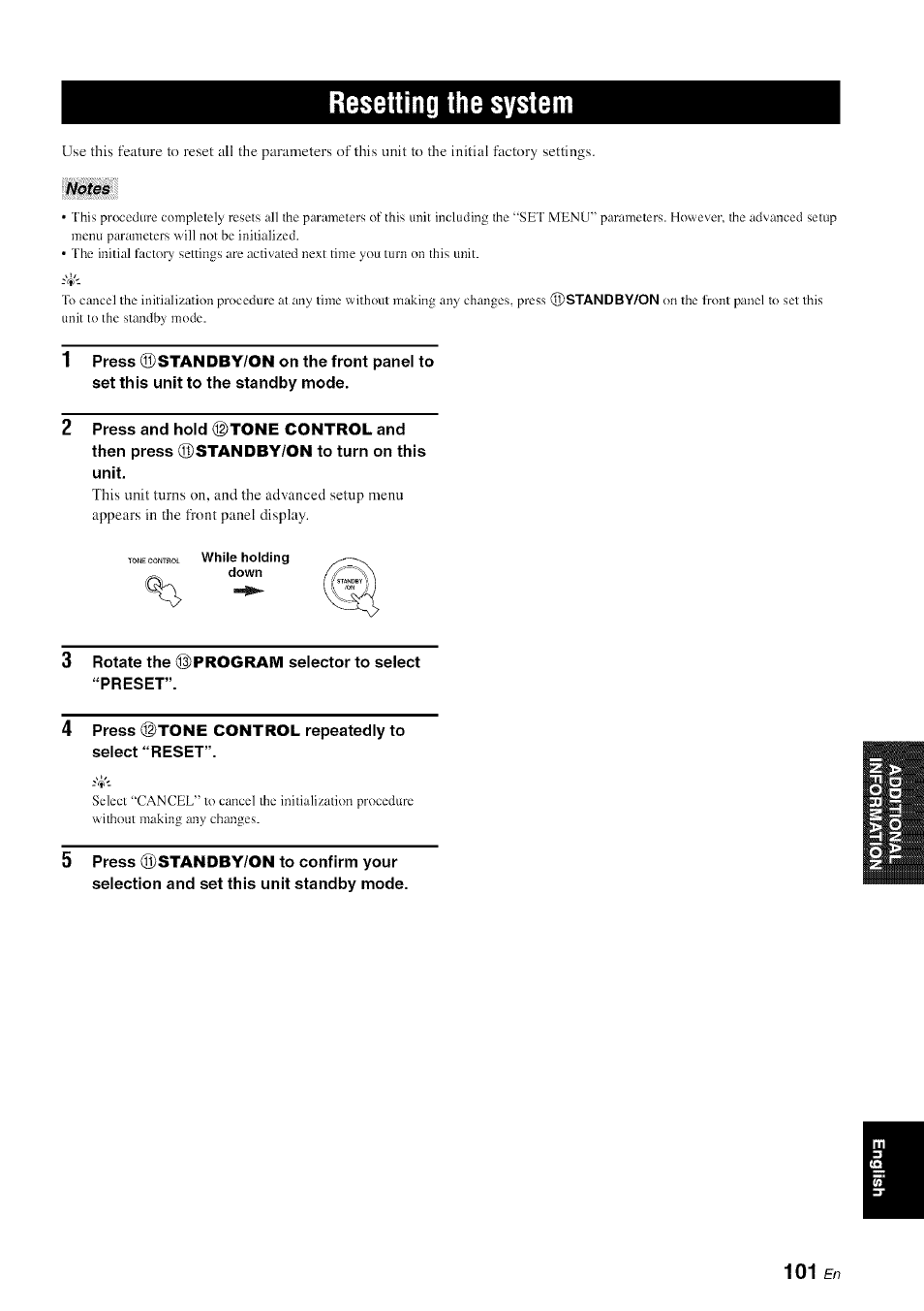 Resetting the system, Notes | Yamaha HTR-6080 User Manual | Page 105 / 125