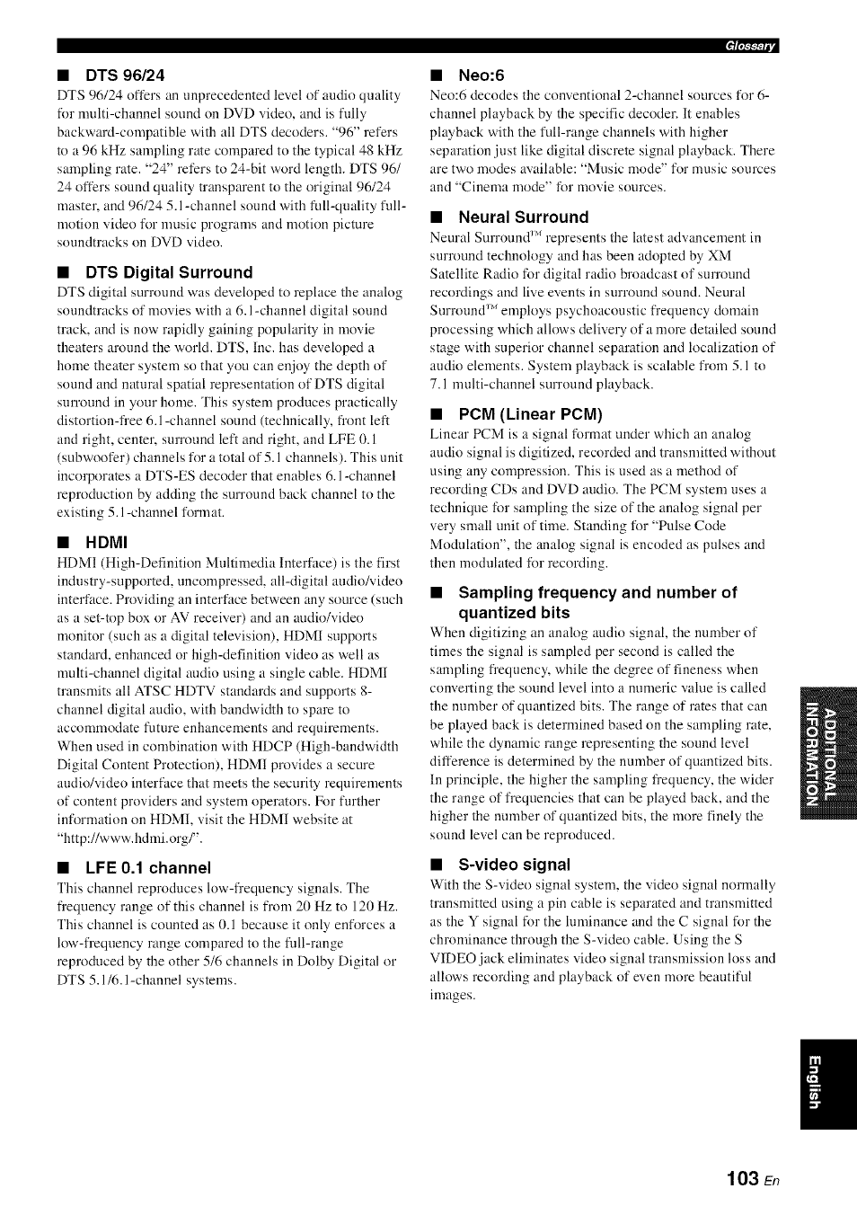 M dts 96/24, Dts digital surround, Hdmi | Lfe 0.1 channel, Neo:6, Neural surround, Pcm (linear pcm), Sampling frequency and number of quantized bits, S-video signal, 103en | Yamaha HTR-6080 User Manual | Page 107 / 125