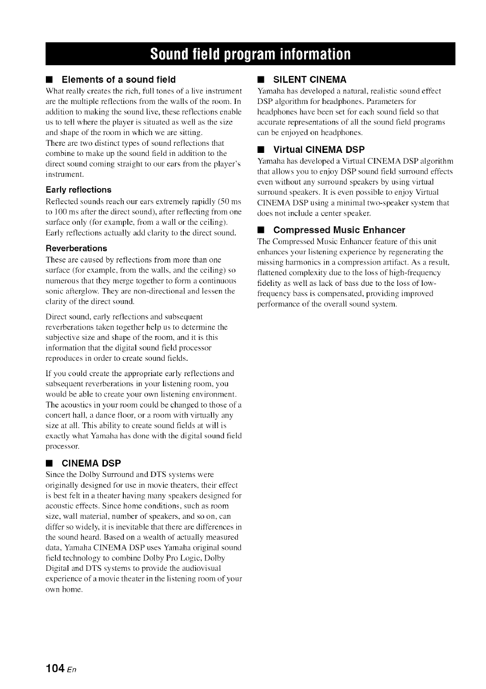 Sound field program information, Elements of a sound field, Early reflections | Reverberations, Cinema dsp, Silent cinema, Virtual cinema dsp, Compressed music enhancer | Yamaha HTR-6080 User Manual | Page 108 / 125