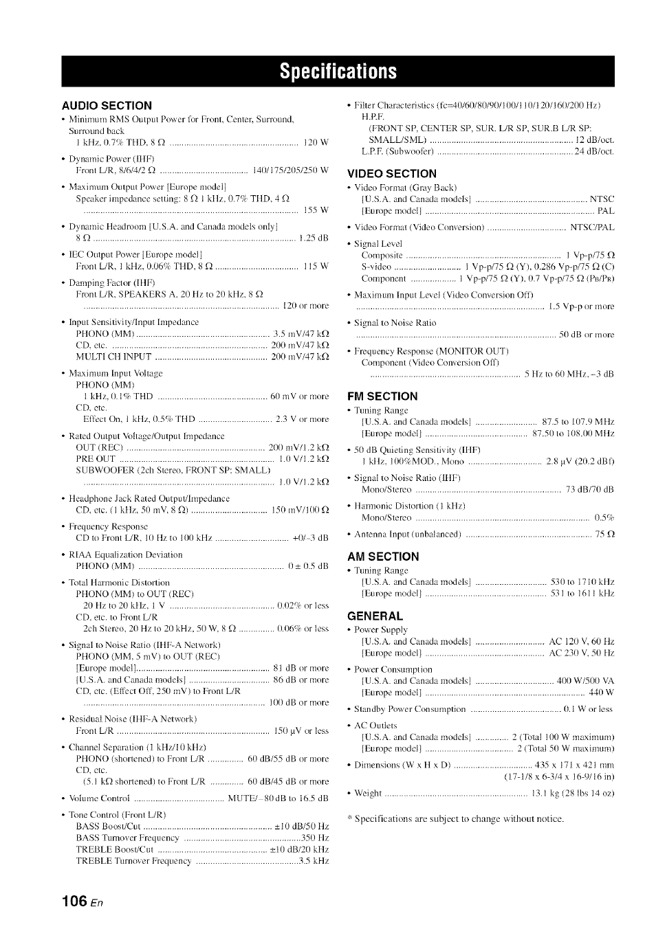 Specifications | Yamaha HTR-6080 User Manual | Page 110 / 125