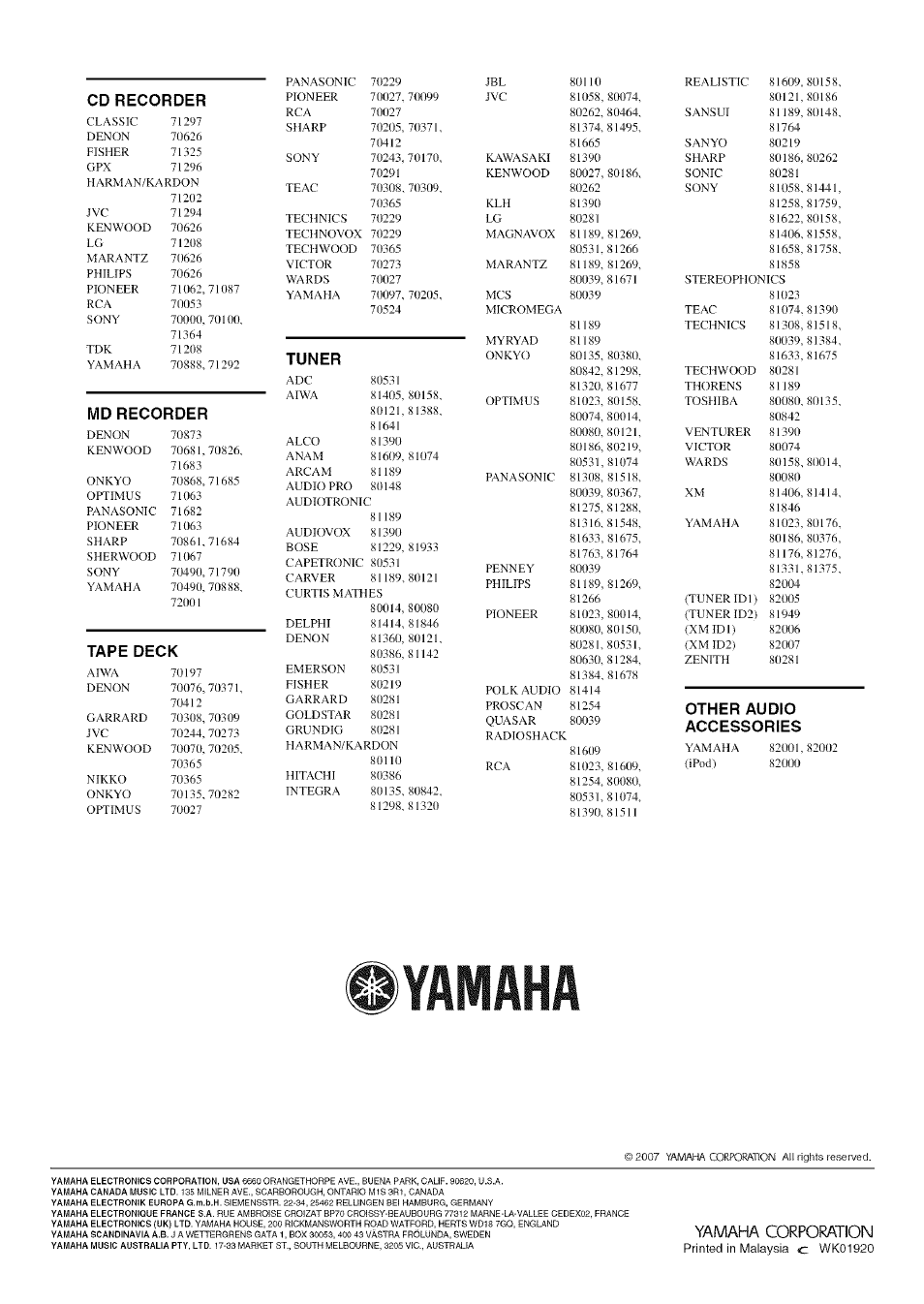 Cd recorder, Syamaha, Md recorder | Tape deck, Tuner, Other audio, Accessories | Yamaha HTR-6080 User Manual | Page 123 / 125