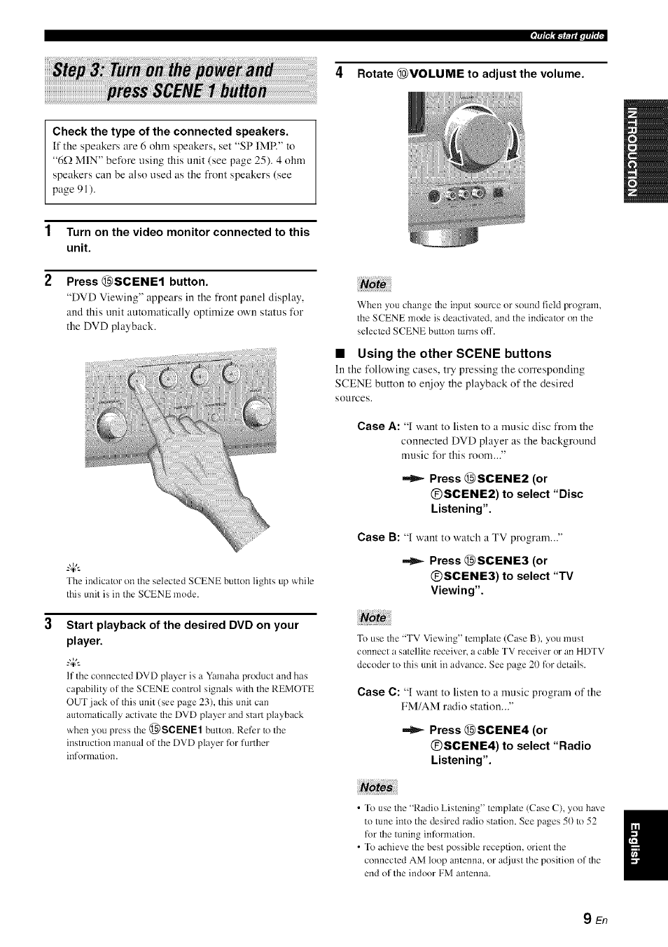 Step 3: turn on the power and press scene 1 button, Note, Using the other scene buttons | Notes | Yamaha HTR-6080 User Manual | Page 13 / 125