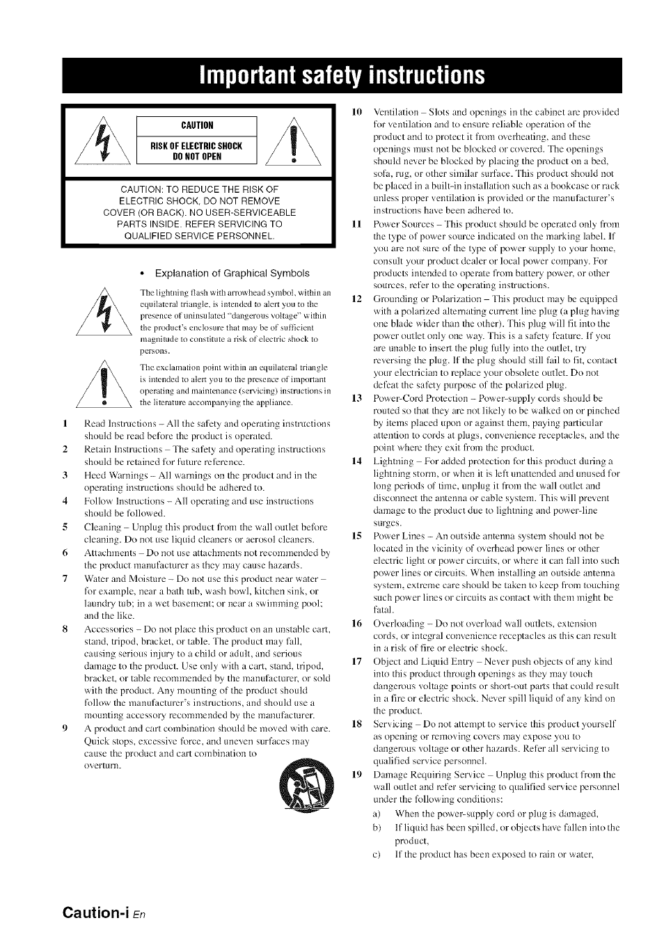 Important safety instructions, Caution-i | Yamaha HTR-6080 User Manual | Page 2 / 125