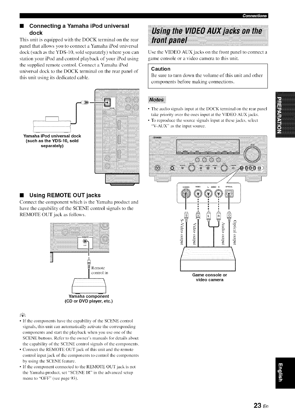 Connecting a yamaha ipod universal dock, Using remote out jacks, Using the video aux jacks on the front panel | Caution, Notes | Yamaha HTR-6080 User Manual | Page 27 / 125