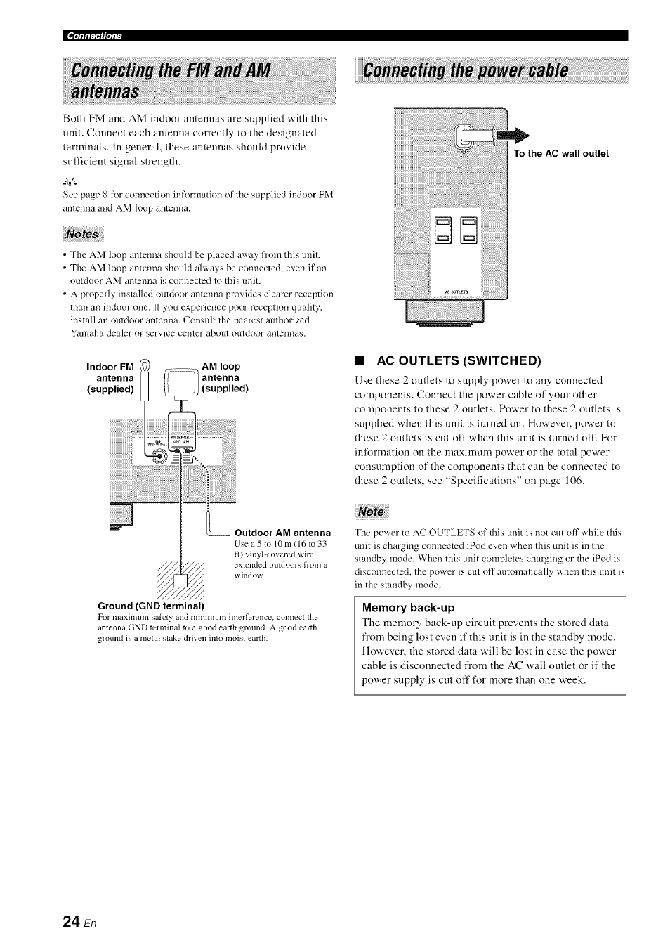 Connecting the fm and am antennas, Notes, Connecting the power cable | Ac outlets (switched), Note, Memory back-up | Yamaha HTR-6080 User Manual | Page 28 / 125