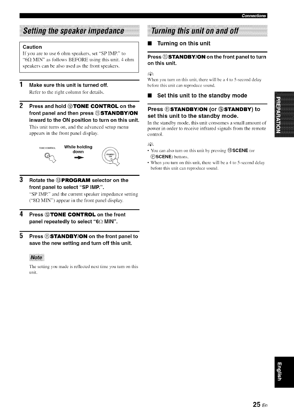 Setting the speaker impedance, Turning this unit on and off, Note | Yamaha HTR-6080 User Manual | Page 29 / 125