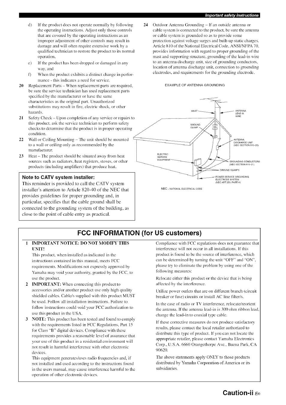 Note to catv system installer, Fcc information (for us customers), Caution-ii | Yamaha HTR-6080 User Manual | Page 3 / 125