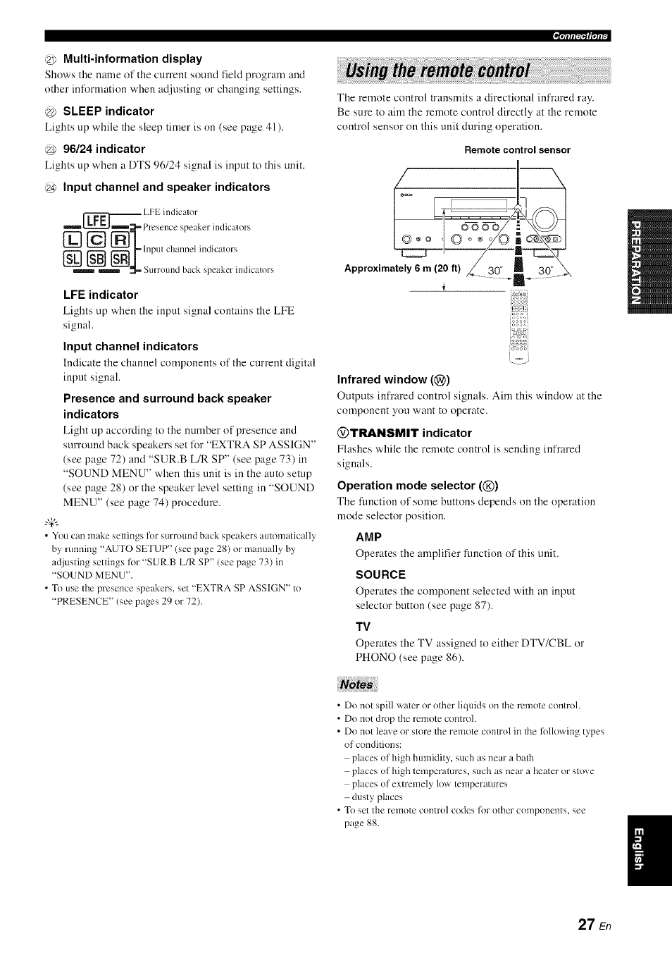 G) multi-information display, Ig) sleep indicator, Ig 96/24 indicator | G) input channel and speaker indicators, Lfe indicator, Input channel indicators, Presence and surround back speaker indicators, Using the remote control, Infrared window (®), Operation mode selector (®) | Yamaha HTR-6080 User Manual | Page 31 / 125