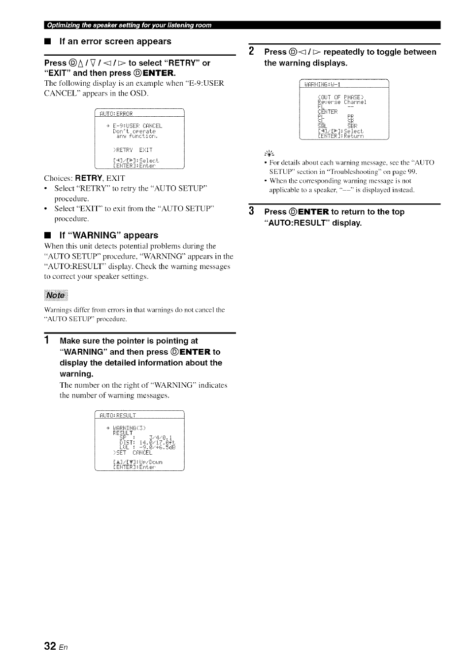 If an error screen appears, If “warning” appears, Note | Yamaha HTR-6080 User Manual | Page 36 / 125