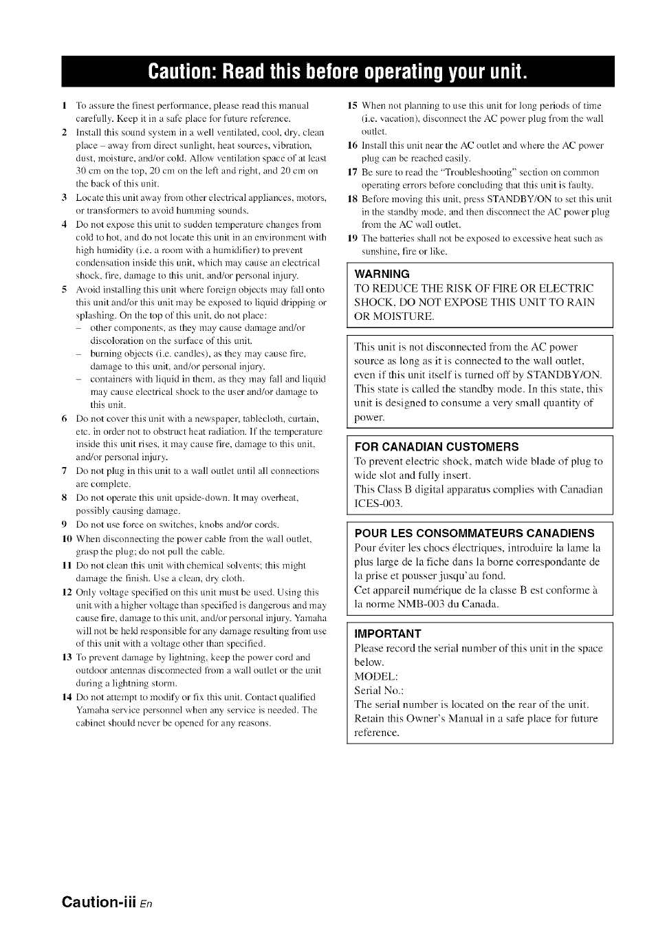 Caution: read this before operating your unit, Caution-iii | Yamaha HTR-6080 User Manual | Page 4 / 125