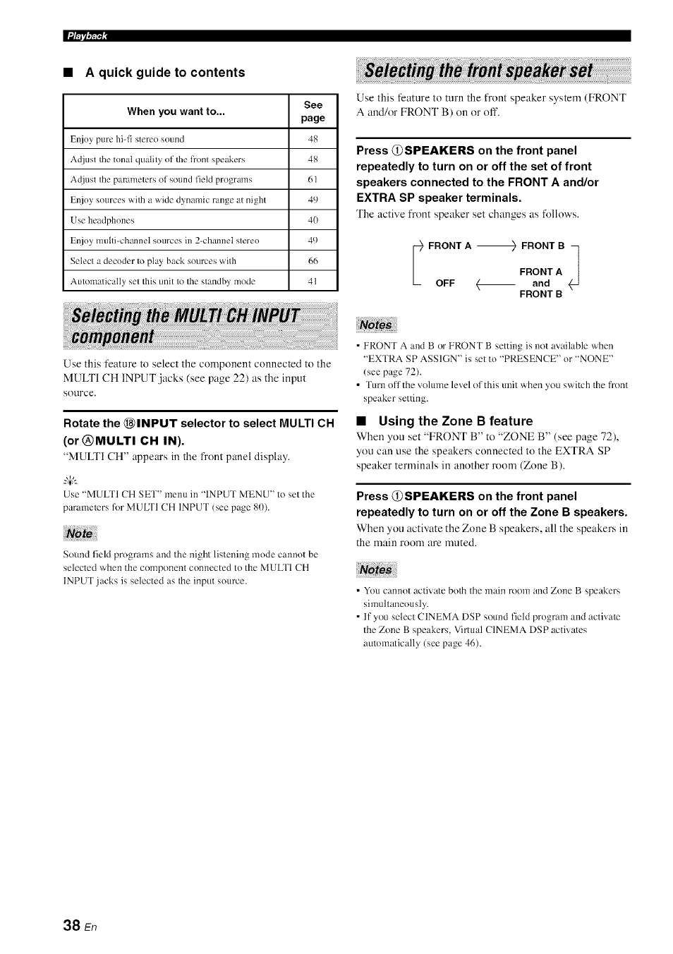 A quick guide to contents, Selecting the multi ch input component, Note | Selecting the front speaker set, Notes, Using the zone b feature | Yamaha HTR-6080 User Manual | Page 42 / 125