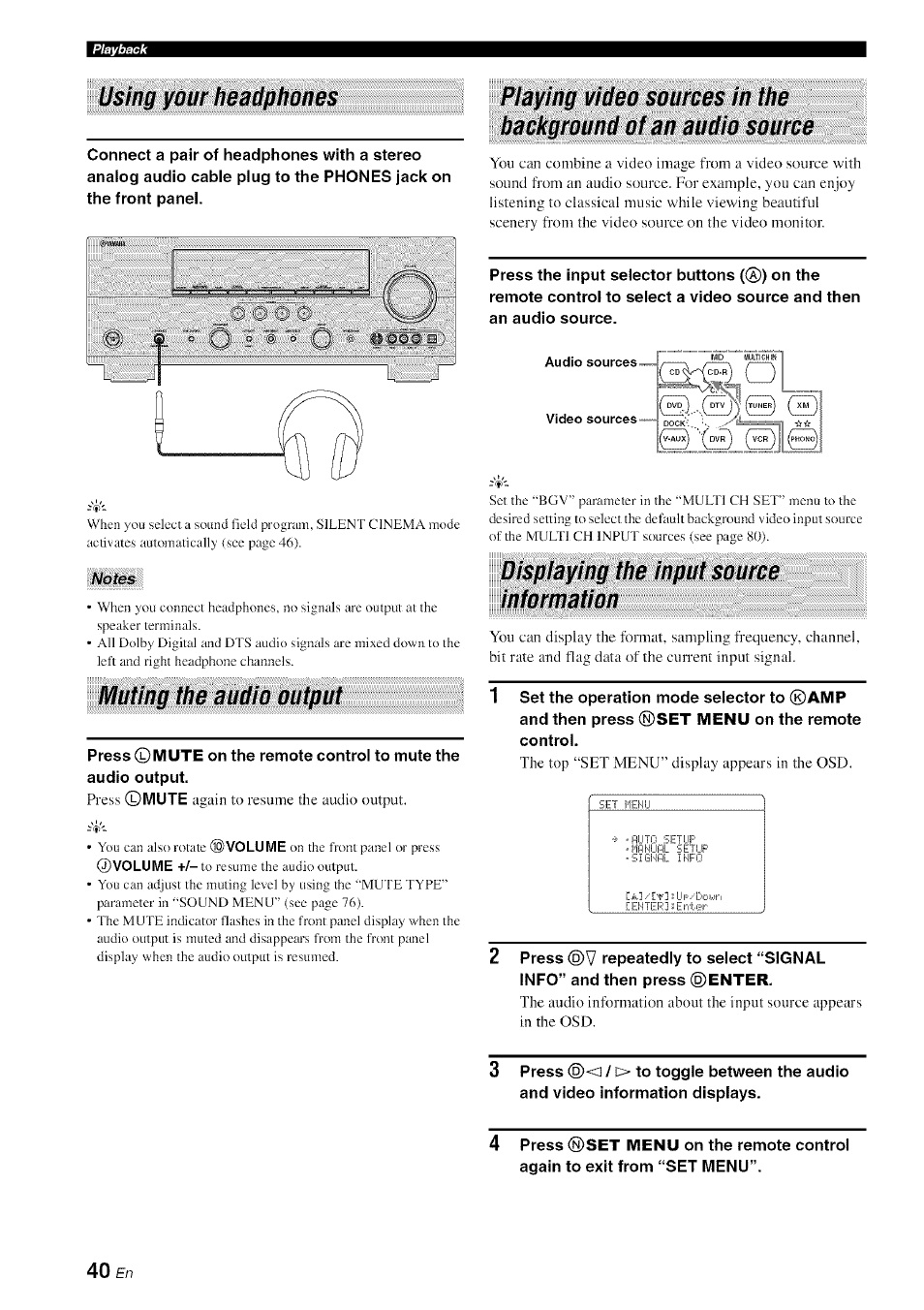 Using your headphones, Notes, Muting the audio output | Displaying the input source information | Yamaha HTR-6080 User Manual | Page 44 / 125