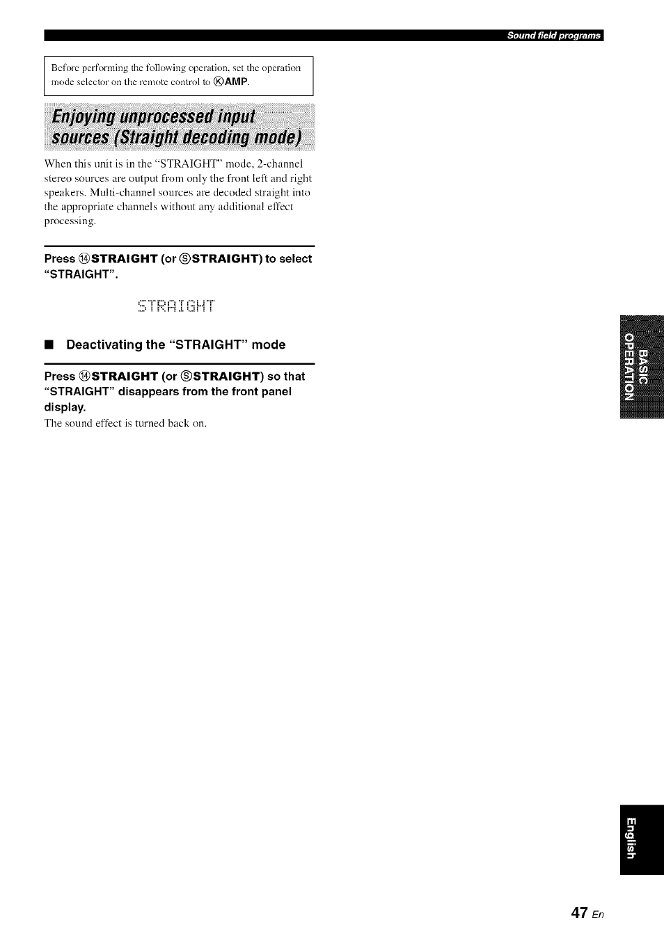 Press ©straight (or ©straight) to select “straight, Deactivating the “straight” mode | Yamaha HTR-6080 User Manual | Page 51 / 125