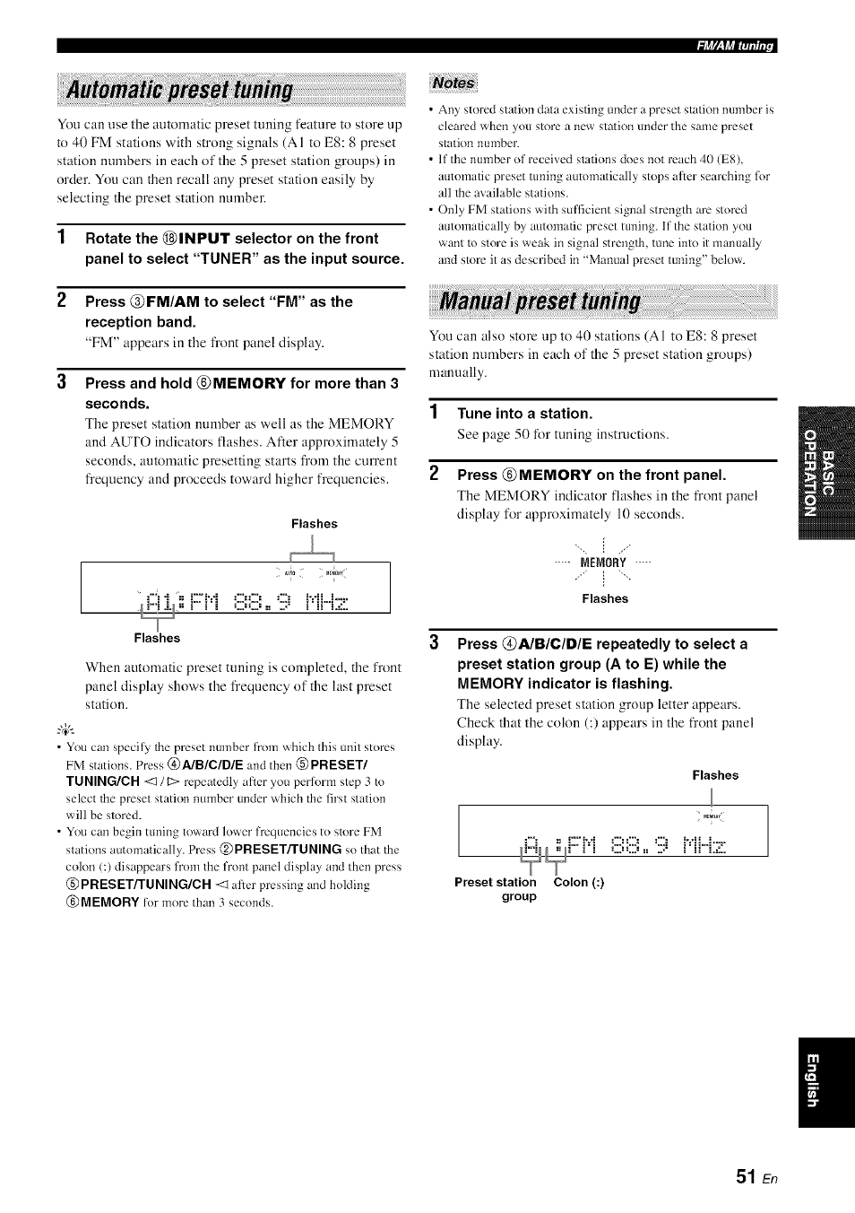 Automatic preset tuning, Notes, Manual preset tuning | Automatic preset tuning manual preset tuning | Yamaha HTR-6080 User Manual | Page 55 / 125